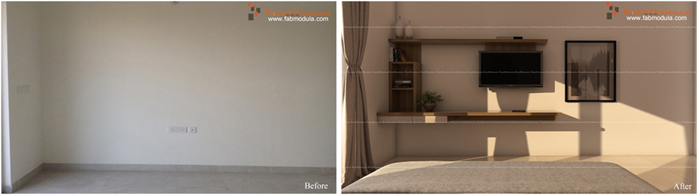 FabModula before after living room wall tv set