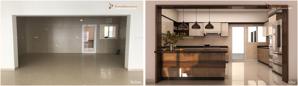 FabModula before and after modern high gloss modular kitchen