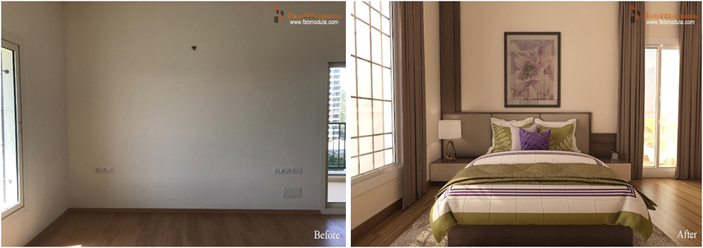 FabModula before and after bedroom with bed