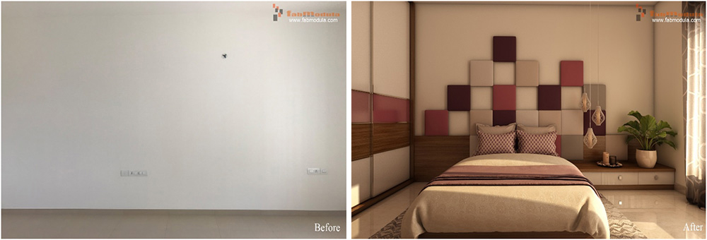FabModula before and after bedroom bed with head frame