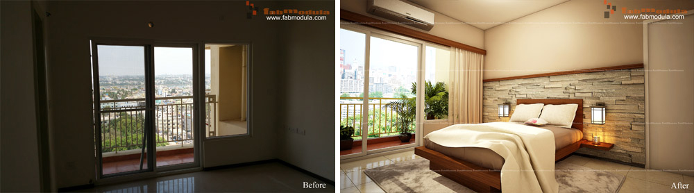 FabModula before and after bedroom with balcony