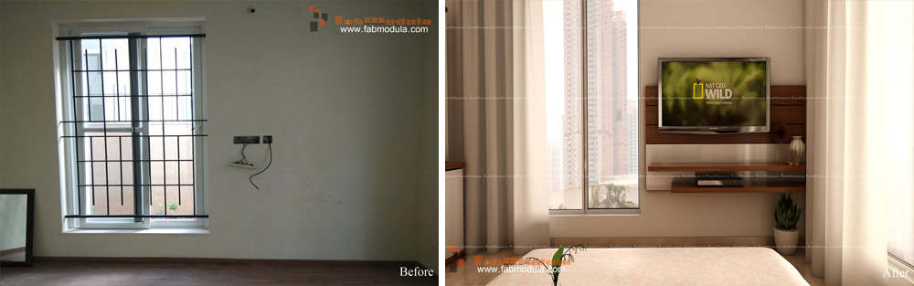 FabModula before and after living room with tv