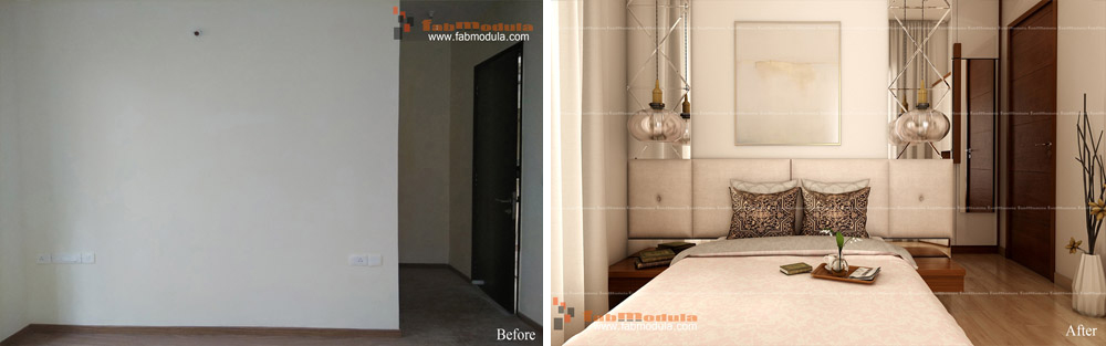 FabModula before and after bedroom with king size bed