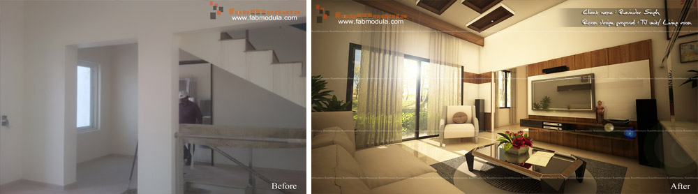 FabModula before and after living room lighted