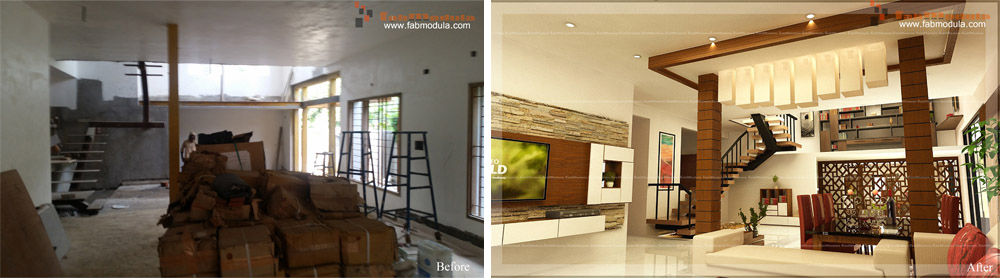 FabModula before and after living room with beam in the centre