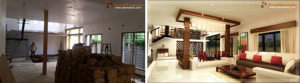 FabModula before and after living hall with beam in the center