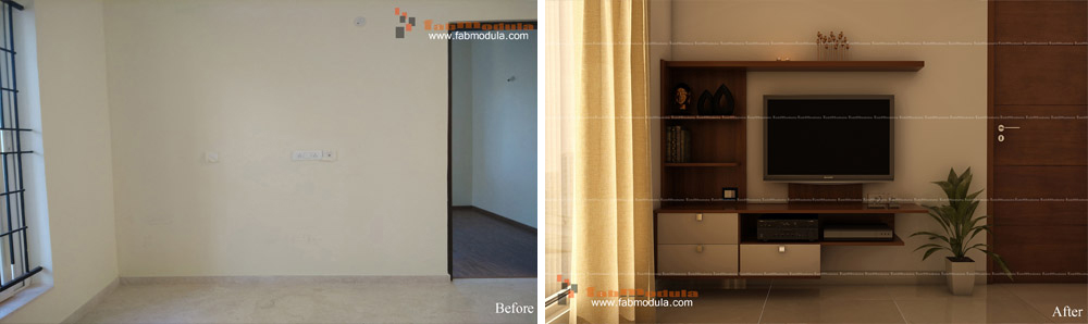 FabModula before and after corner tv set with drawers and shelf