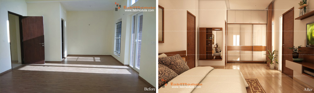 FabModula before and after bedroom with open space and cupboard