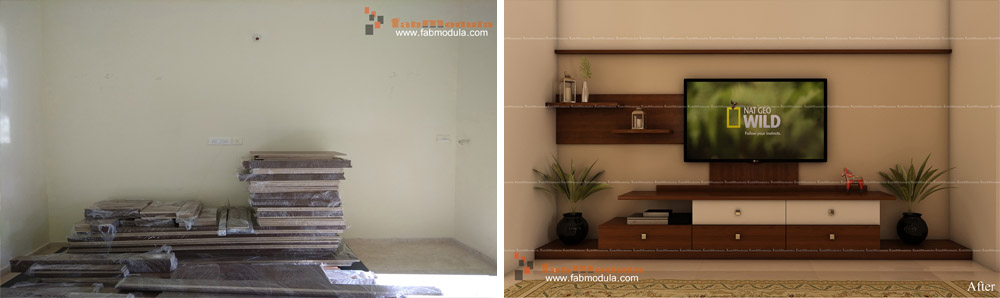 FabModula before and after living room tv set and drawers